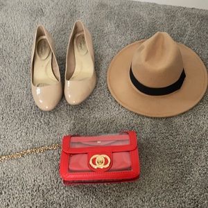 Nude kitten heels red SHEIN bag camel SHEIN hat